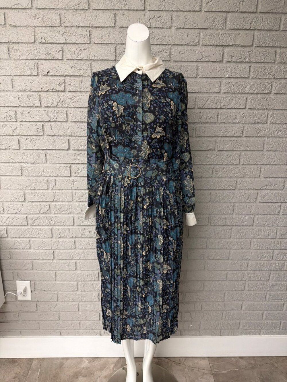 Feeciel Floral Print Long Sleeve Accordion Pleated Midi Dress Size M